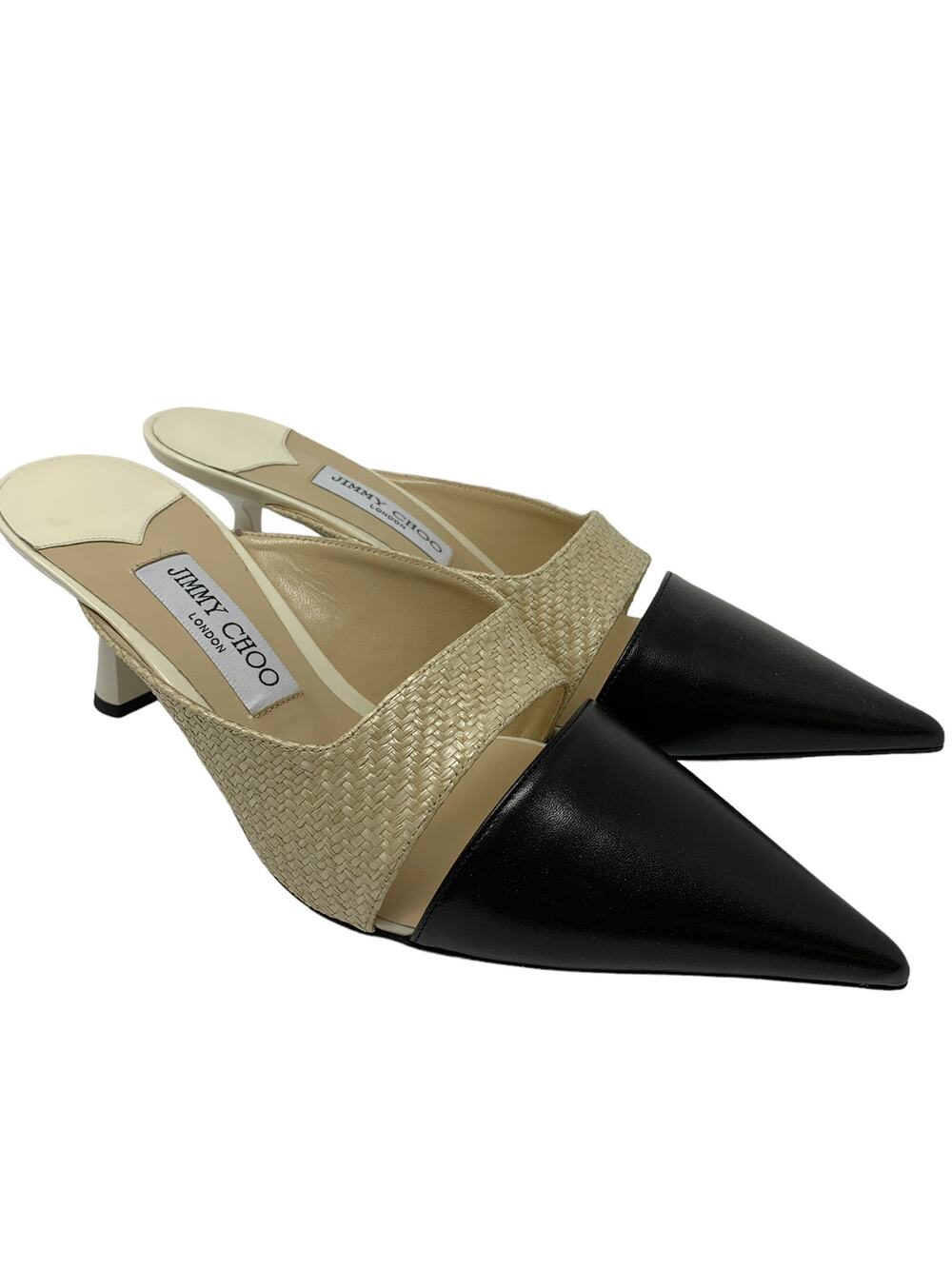 Jimmy Choo Sz 41 US 11 Zalea 65 Black Nappa Raffia Latte Patent Leather Mule NEW